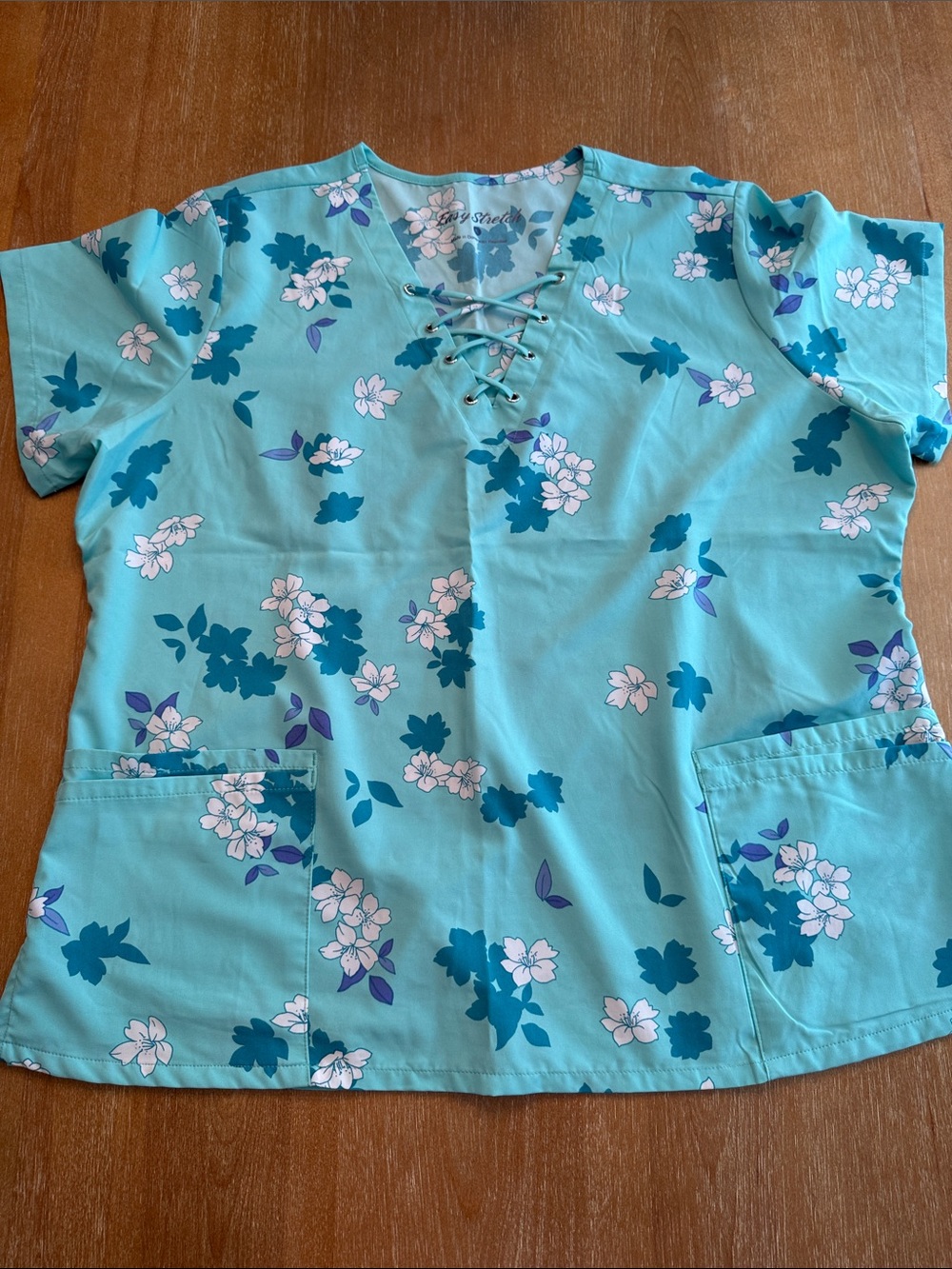 Floral Lace-Up Scrub Top - Teal Blue XL